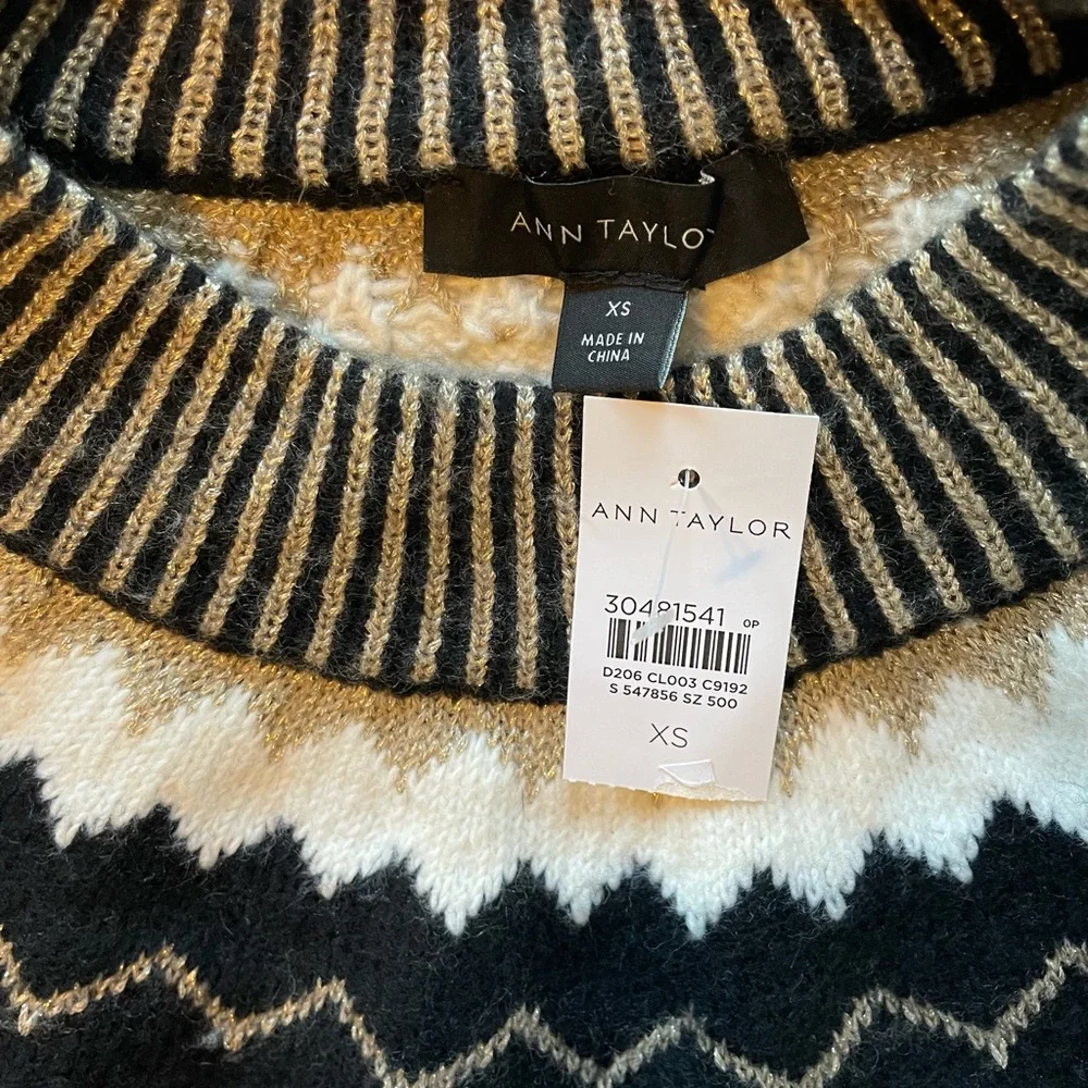 Ann Taylor NWT Cream, Gold and Black Fair Isle Sweater, Size “XS” - Picture 9 of 10